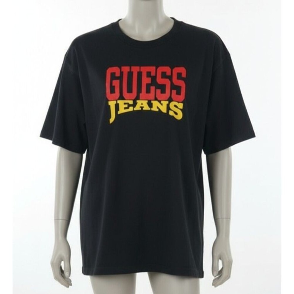 Vintage 90s Guess Jeans T-Shirt Black Red Yellow Logo Made in USA "One Size"
